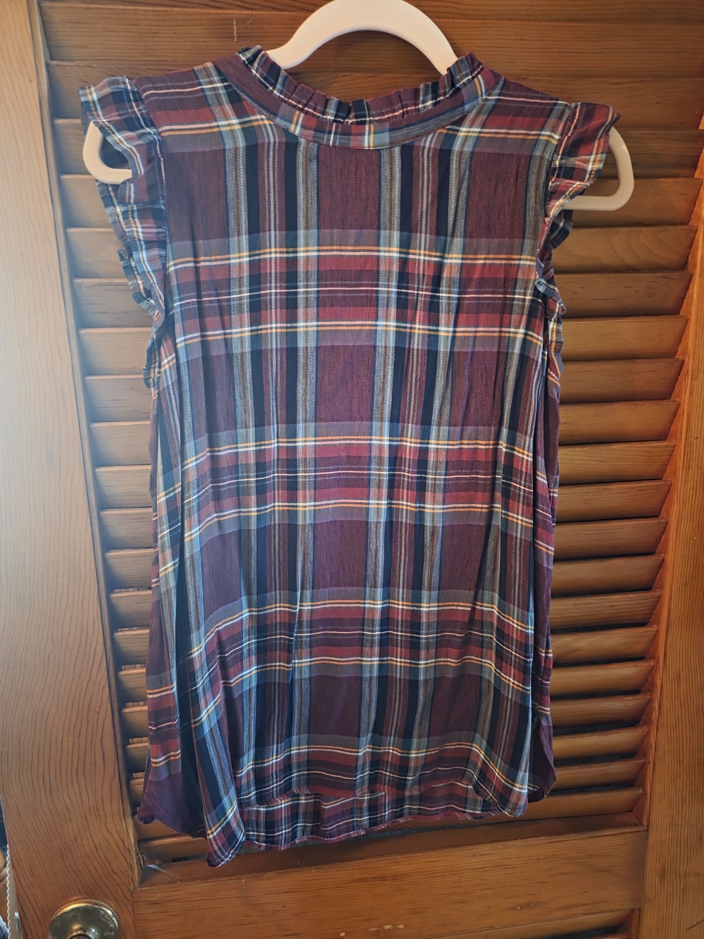 LOFT Burgundy Plaid Ruffle-Sleeve Blouse
